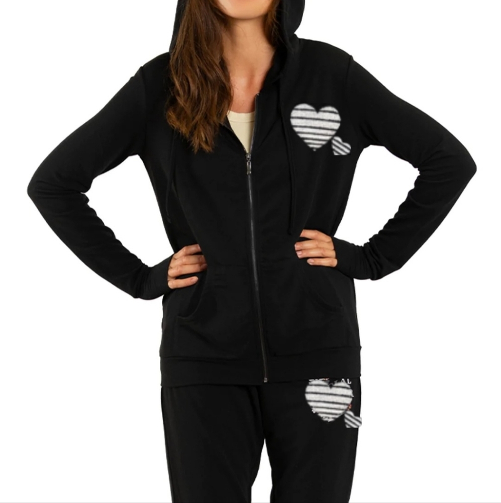Faded Glory Matching Love Hearts Blk Velour Sweatsuit/Jumpsuit 2Pc